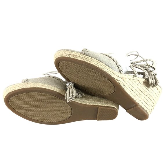 Rampage Womens Wedge Sandals Open Toe Lace Up Canvas Fringe Beige Size 10 - Picture 5 of 7